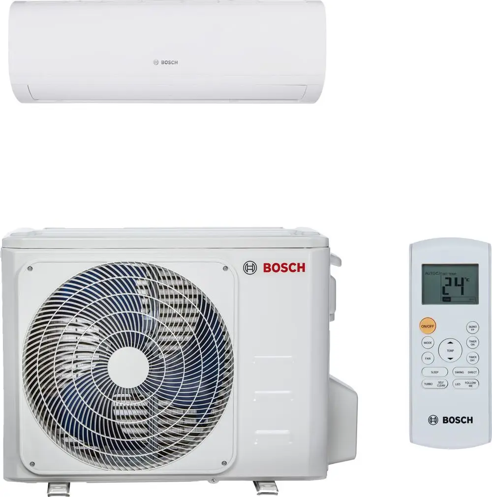 Split-Klimagerät von Bosch mit Inneneinheit und Außeneinheit. Die Inneneinheit ist wandmontiert und die Außeneinheit enthält einen Ventilator. Fernbedienung ist ebenfalls abgebildet.